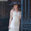1920s raffia hat with poppies and 1940s white wedding dress
