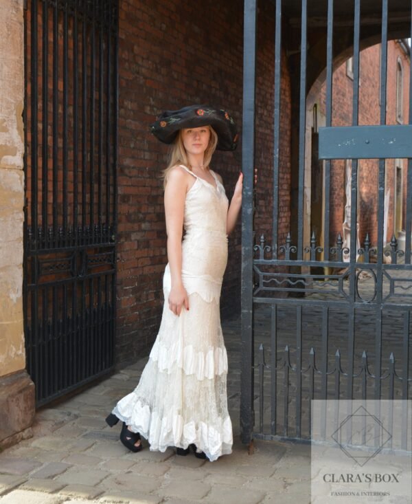 1940s tulle dress and 1920s raffia hat