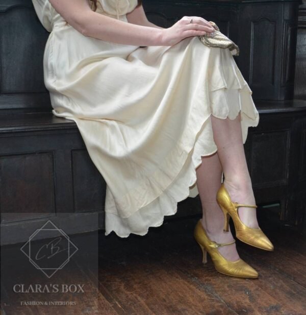 1950s Christian Dior gold shoes with a stunning 1920s silk dress