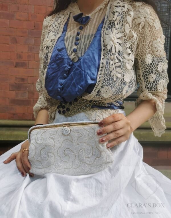 1940s beaded clutch with Edwardian Marthe Gomot silk and crochet lace bodice with silk bow detailing