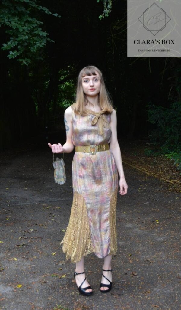 1920s lame flapper dress with tie-dye, mermaid effect with flapper purse