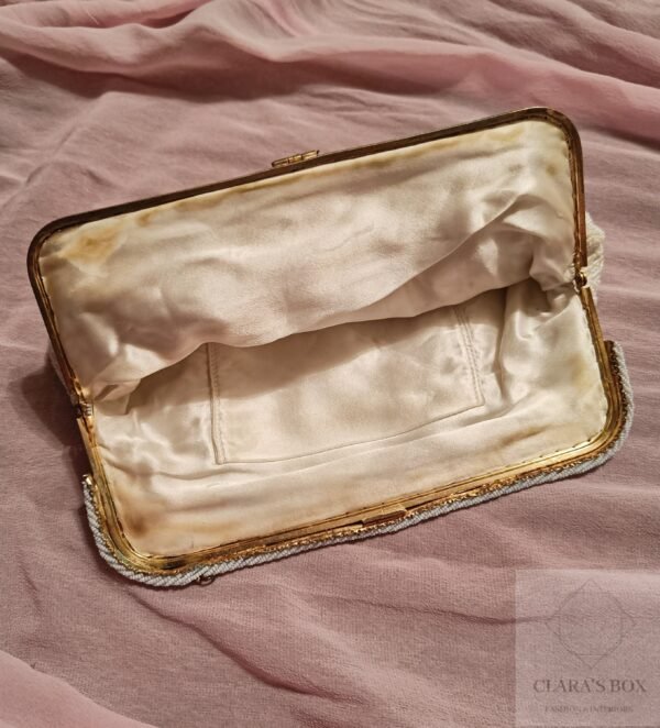 Inside of antique 1940s beaded clutch