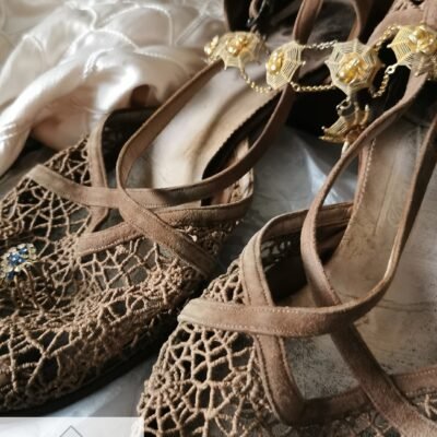 1930s cobweb suede heels, spider dress, British made