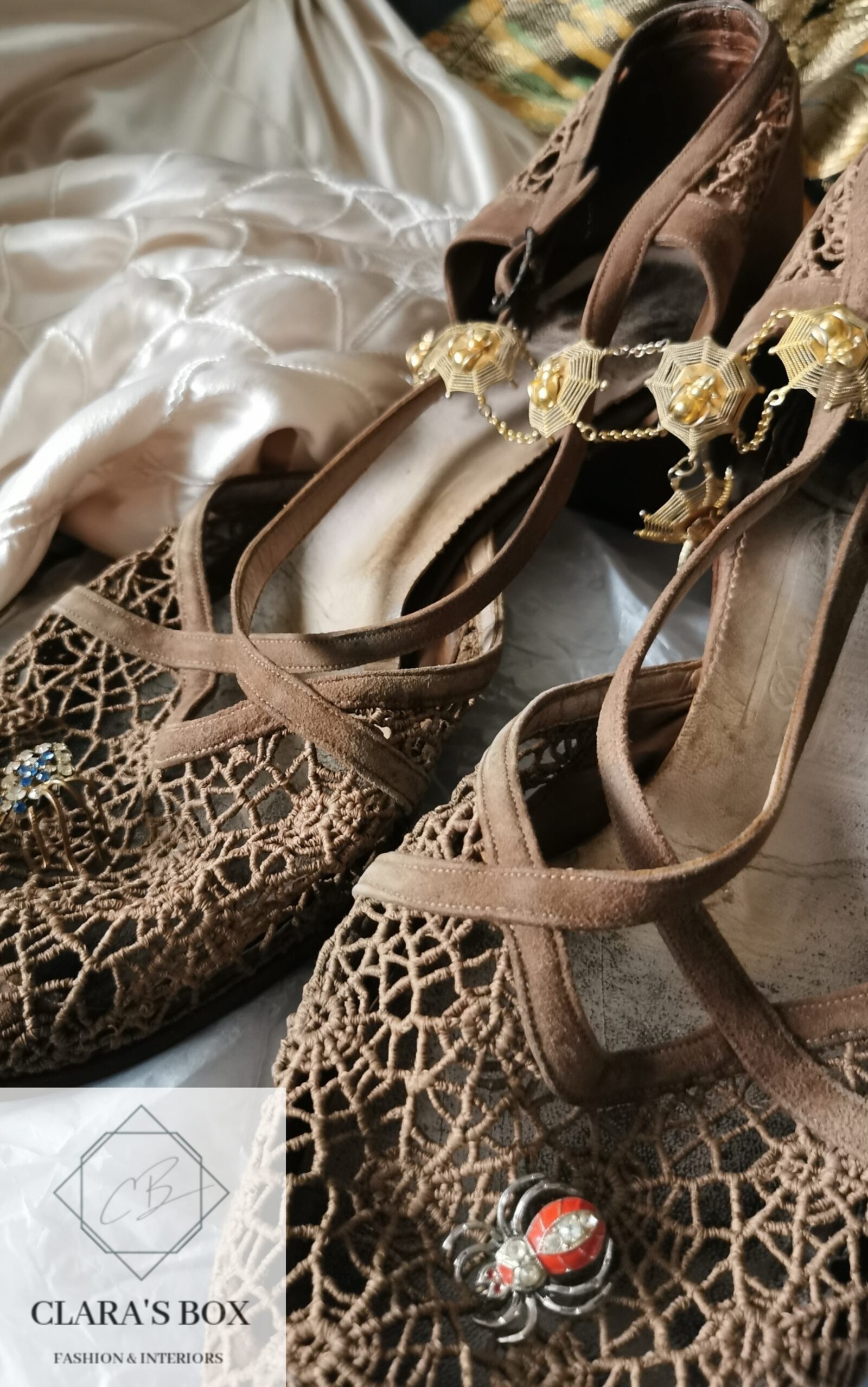 1930s cobweb suede heels, spider dress, British made